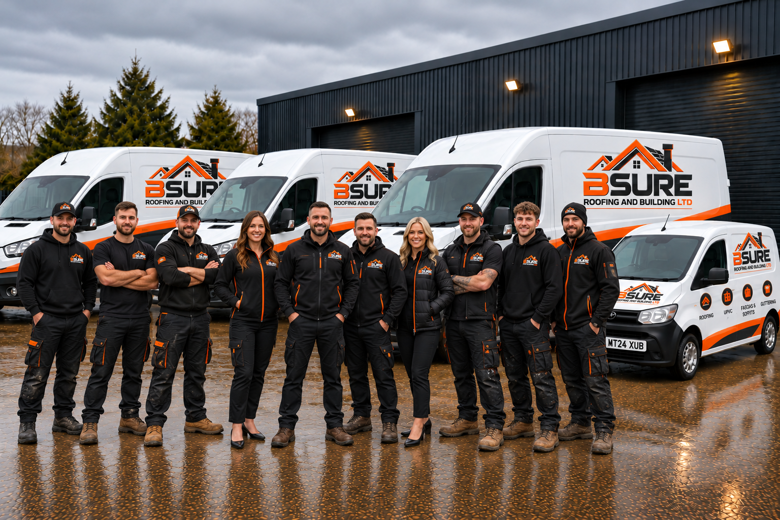 The BSure Roofing and Building Ltd team standing in front of their branded vans