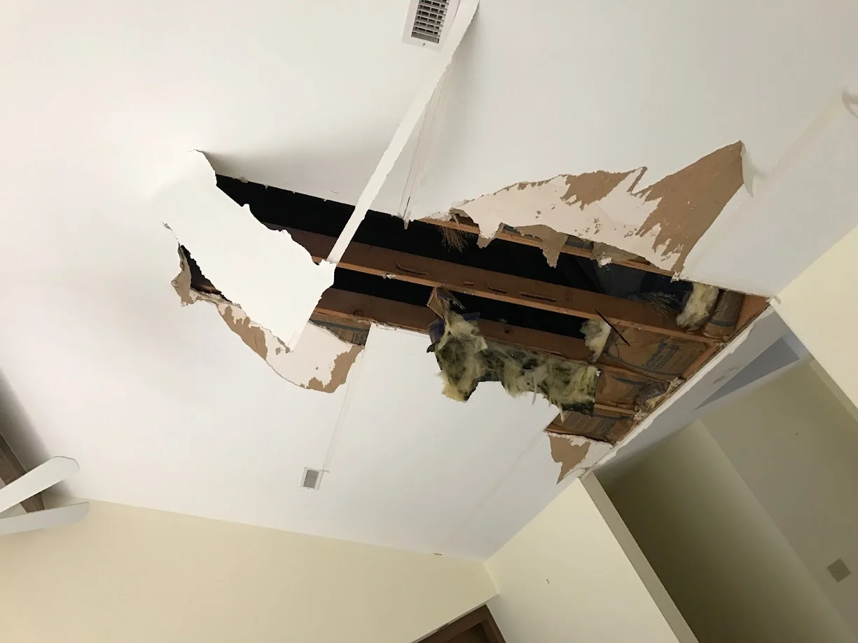 Interior water damage from a roof leak